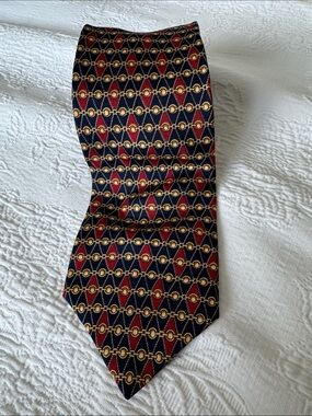 Vintage Navy and Burgundy Geometric Chain-Print Silk Tie